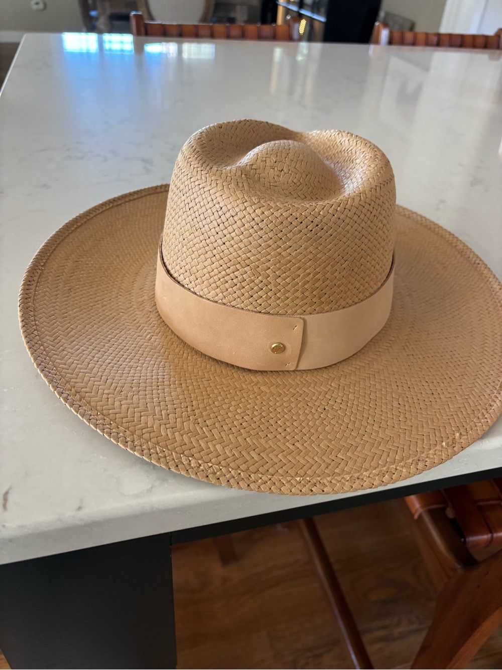 Janessa Leone Natural Straw Wide-Brim Fedora with Leather Band